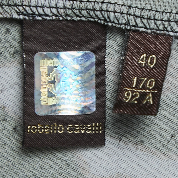 مملوكة مسبقًا Roberto Cavalli Dark Grey Animal Print Stretch Jersey and Lace Long Sleeve Maxi Dress S
