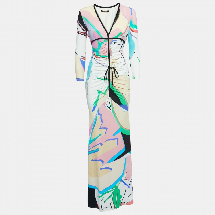 Pre Owned Roberto Cavalli Multicolor Leaves Print Stretch Knit Ruched Maxi Dress M