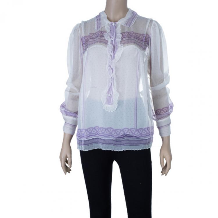 Pre Owned Roberto Cavalli White Printed Chiffon Top L