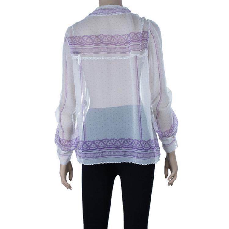 Pre Owned Roberto Cavalli White Printed Chiffon Top L