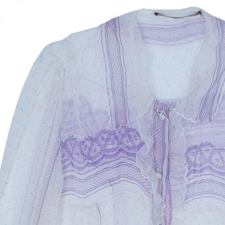 Pre Owned Roberto Cavalli White Printed Chiffon Top L