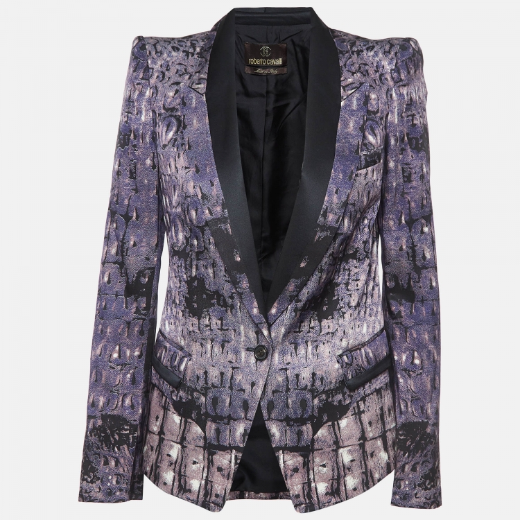 Pre Owned Roberto Cavalli Purple Printed Silk Single-Breasted Blazer M