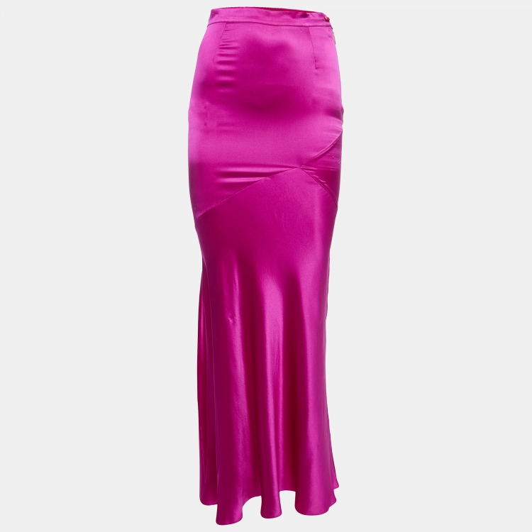 مملوكة مسبقًا Roberto Cavalli Fuschia Pink Satin Silk Flared Maxi Skirt S