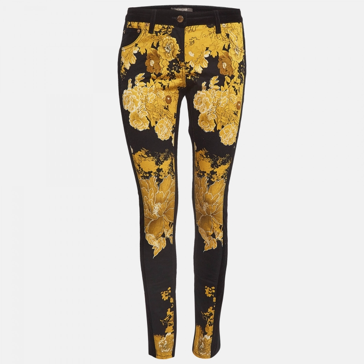 Pre Owned Roberto Cavalli Black/Yellow Printed Corduroy & Wool Blend Pants M