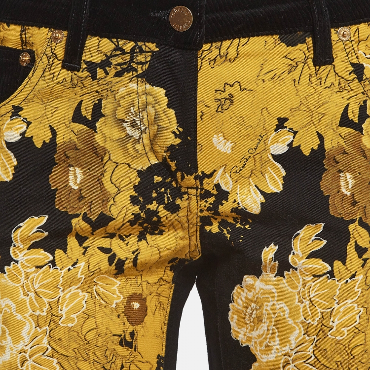 Pre Owned Roberto Cavalli Black/Yellow Printed Corduroy & Wool Blend Pants M