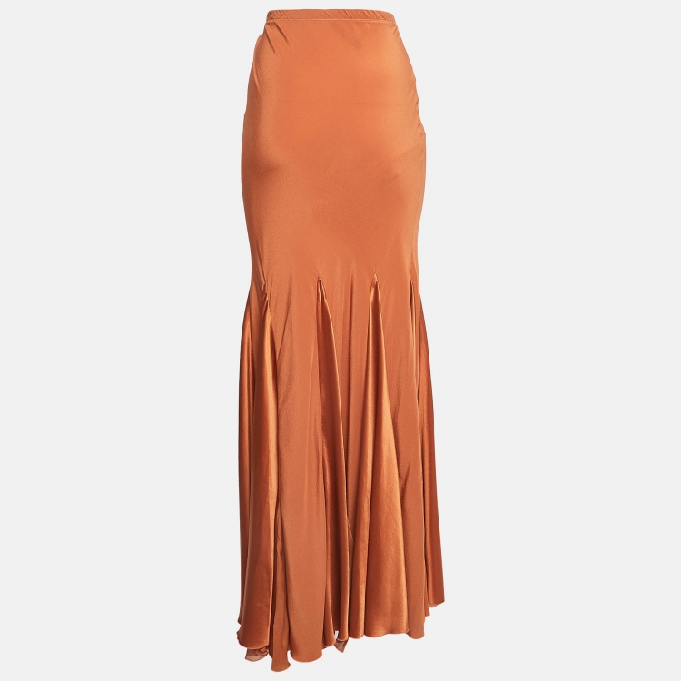 Pre Owned Roberto Cavalli Brown Satin Trim Silk Flared Maxi Skirt S