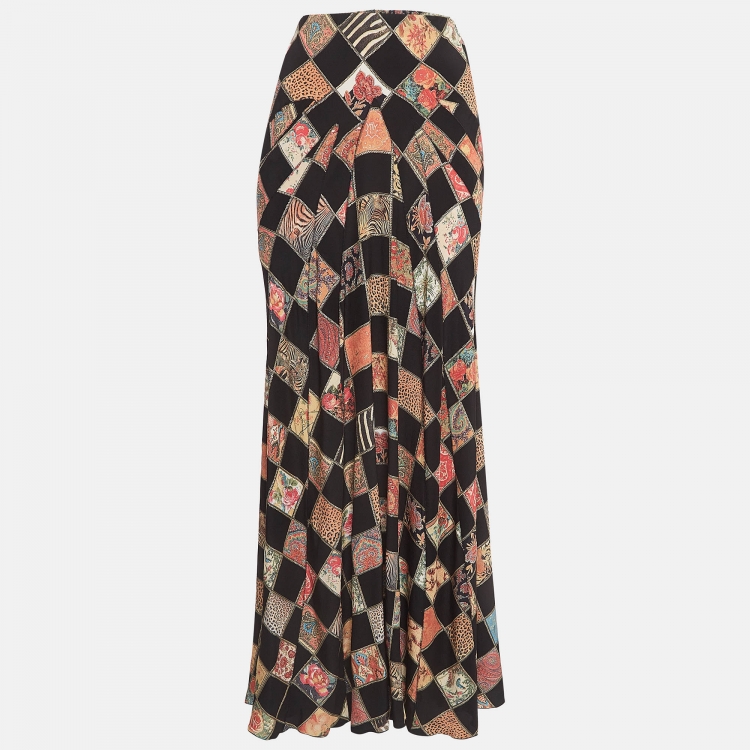 Pre Owned Roberto Cavalli Multicolor Floral Glitter Print Silk Maxi Skirt M