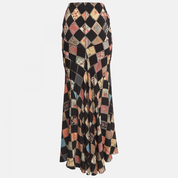 Pre Owned Roberto Cavalli Multicolor Floral Glitter Print Silk Maxi Skirt M