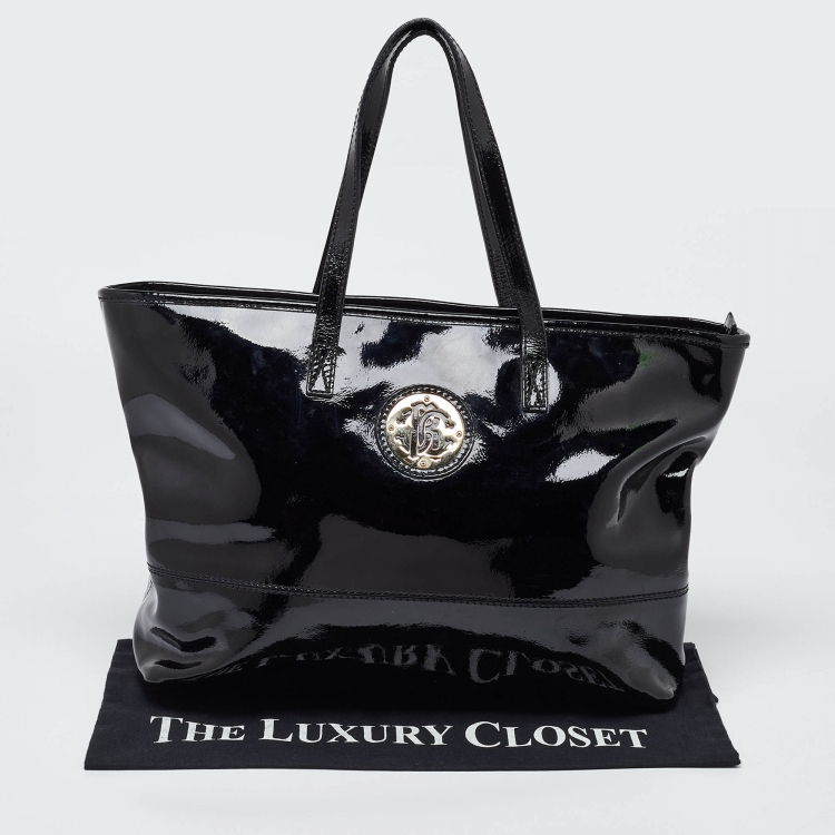 Pre Owned Roberto Cavalli Black Patent Leather RC Logo Tote