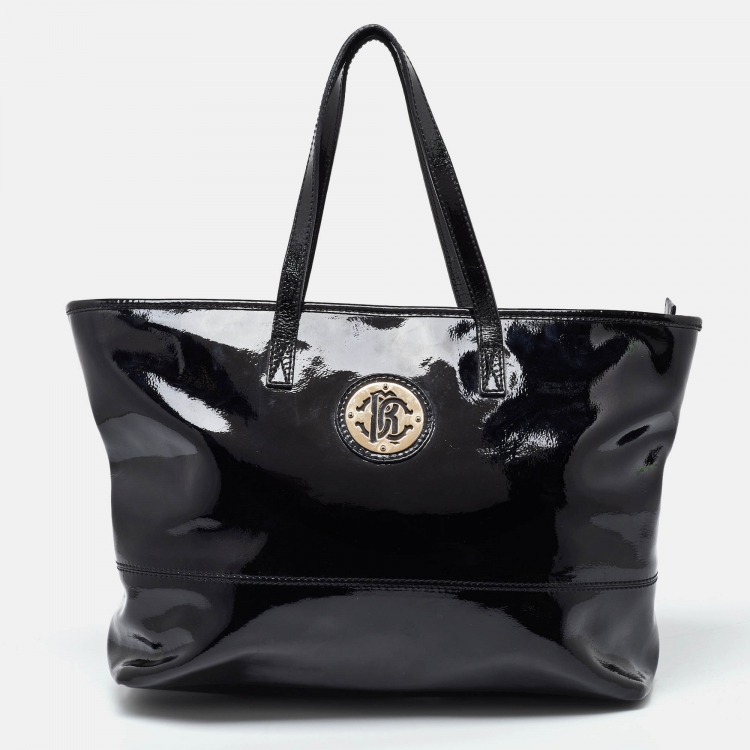 Pre Owned Roberto Cavalli Black Patent Leather RC Logo Tote