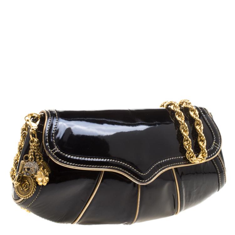Pre Owned Roberto Cavalli Black Patent Leather Charm Shoulder Bag
