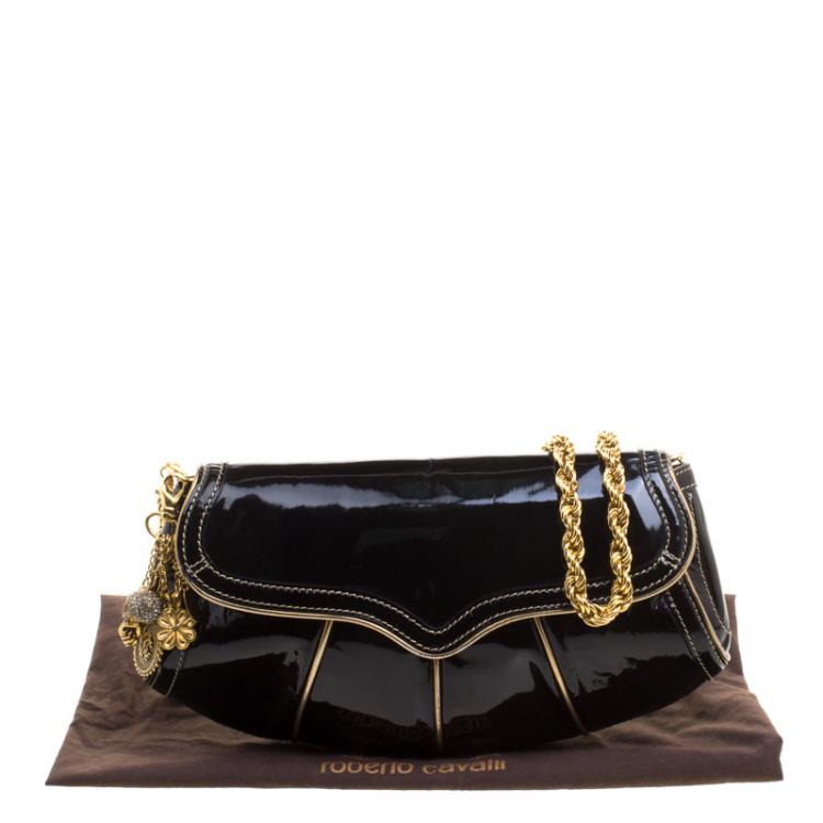 Pre Owned Roberto Cavalli Black Patent Leather Charm Shoulder Bag