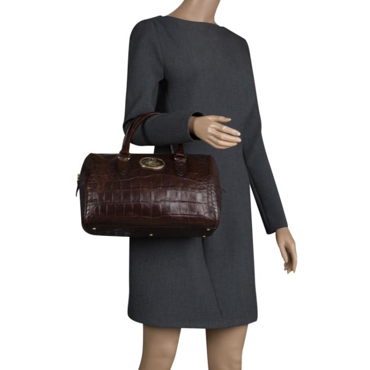 Pre Owned Roberto Cavalli Brown Croc Embossed Leather Boston Bag 