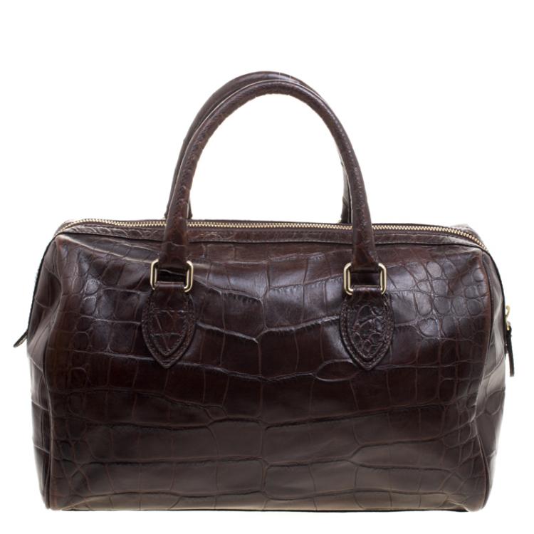 Pre Owned Roberto Cavalli Brown Croc Embossed Leather Boston Bag 