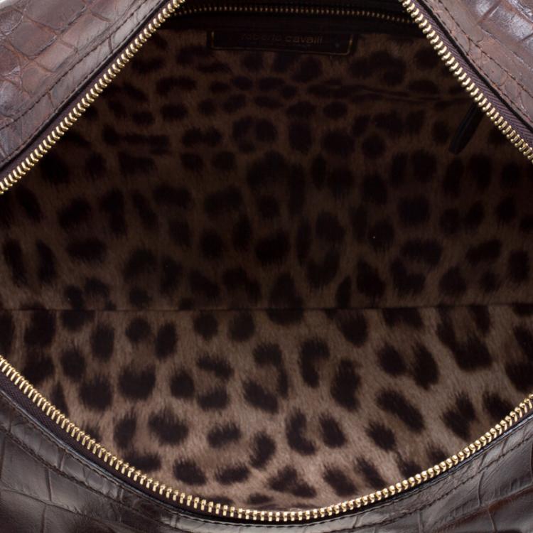 Pre Owned Roberto Cavalli Brown Croc Embossed Leather Boston Bag 
