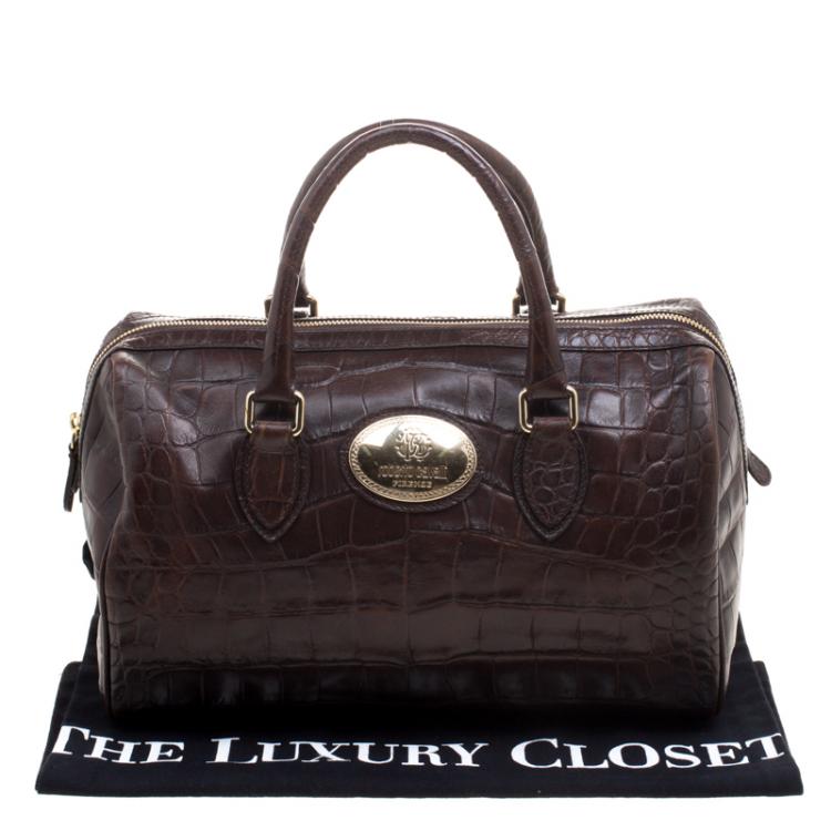Pre Owned Roberto Cavalli Brown Croc Embossed Leather Boston Bag 