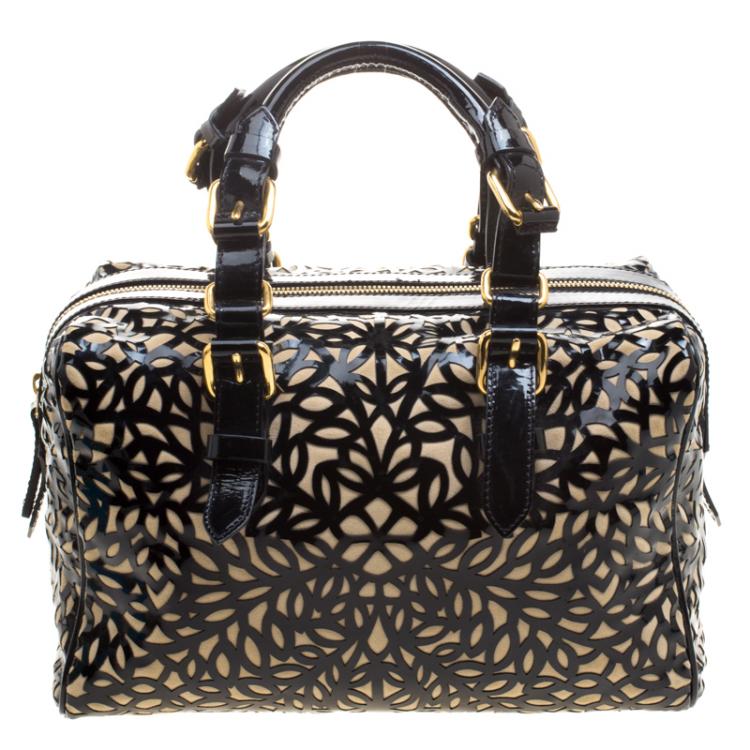 Pre Owned Roberto Cavalli Black Laser Cut Patent Leather Boston Bag