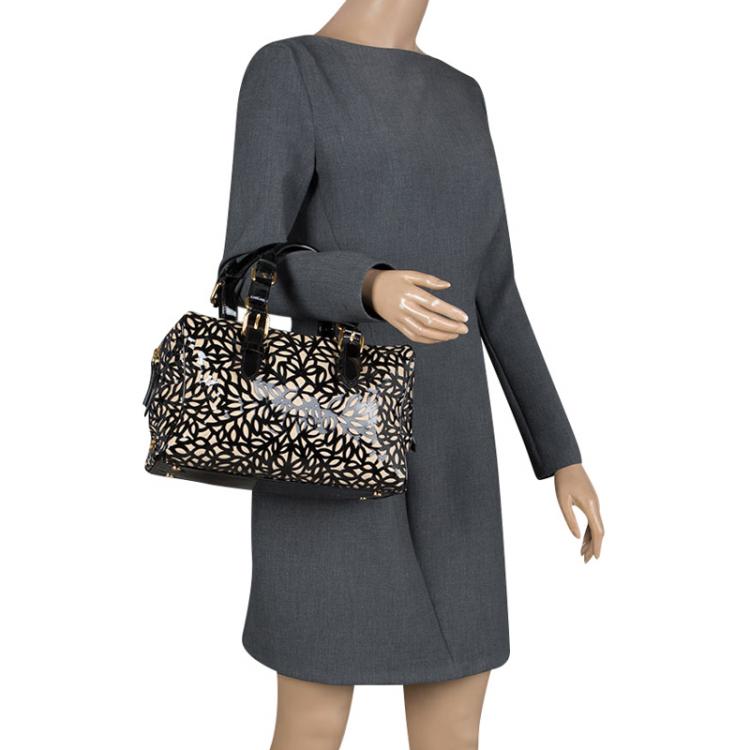 Pre Owned Roberto Cavalli Black Laser Cut Patent Leather Boston Bag