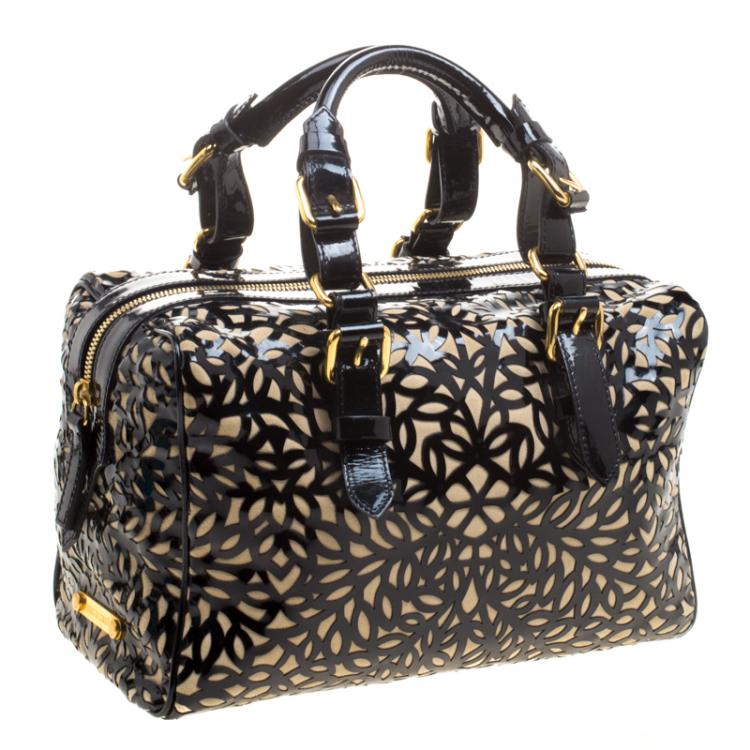 Pre Owned Roberto Cavalli Black Laser Cut Patent Leather Boston Bag