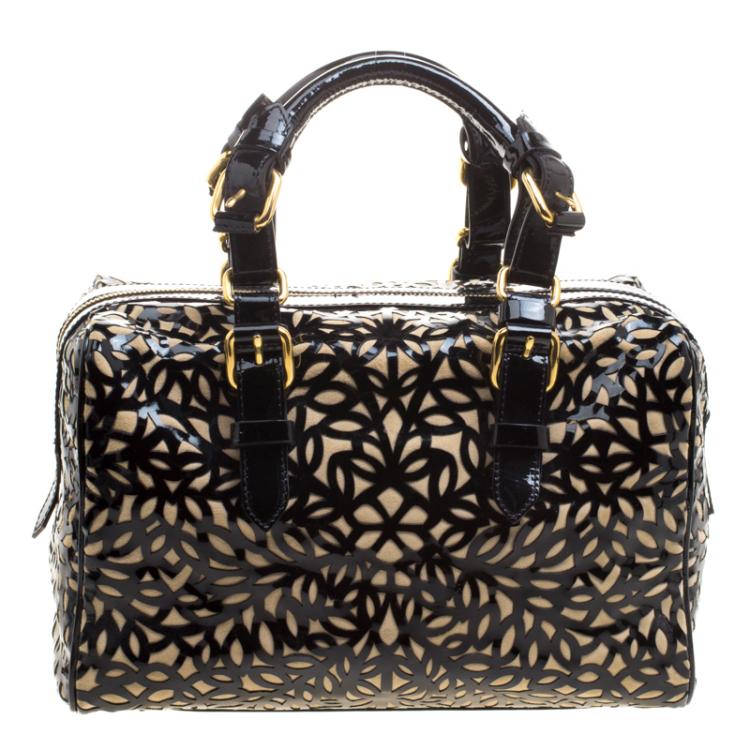 Pre Owned Roberto Cavalli Black Laser Cut Patent Leather Boston Bag