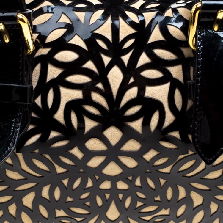 Pre Owned Roberto Cavalli Black Laser Cut Patent Leather Boston Bag