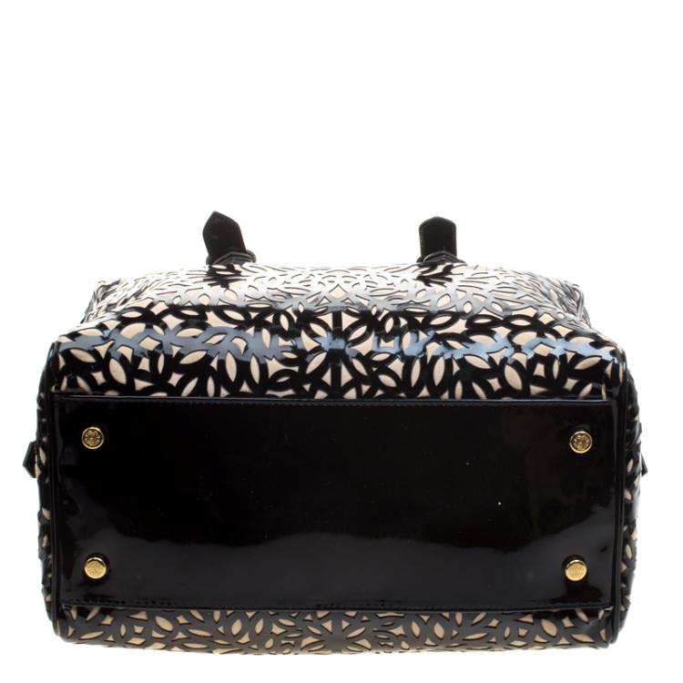Pre Owned Roberto Cavalli Black Laser Cut Patent Leather Boston Bag