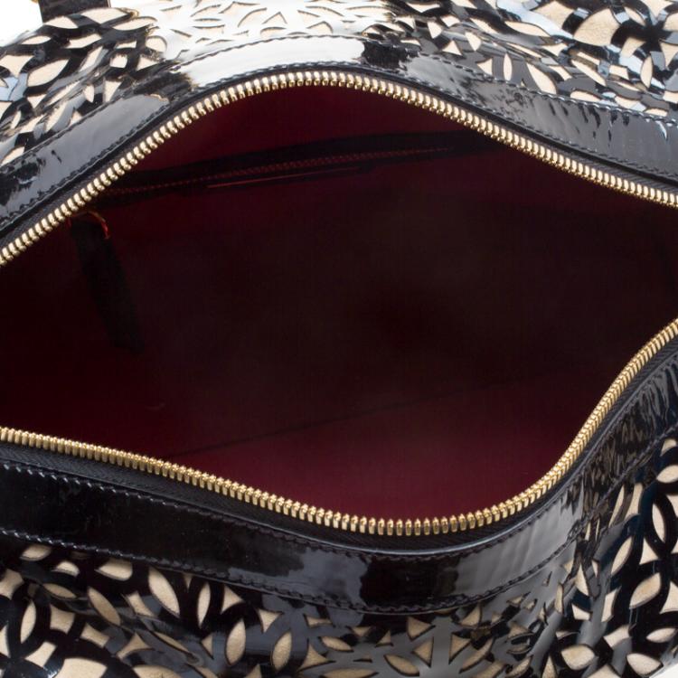 Pre Owned Roberto Cavalli Black Laser Cut Patent Leather Boston Bag