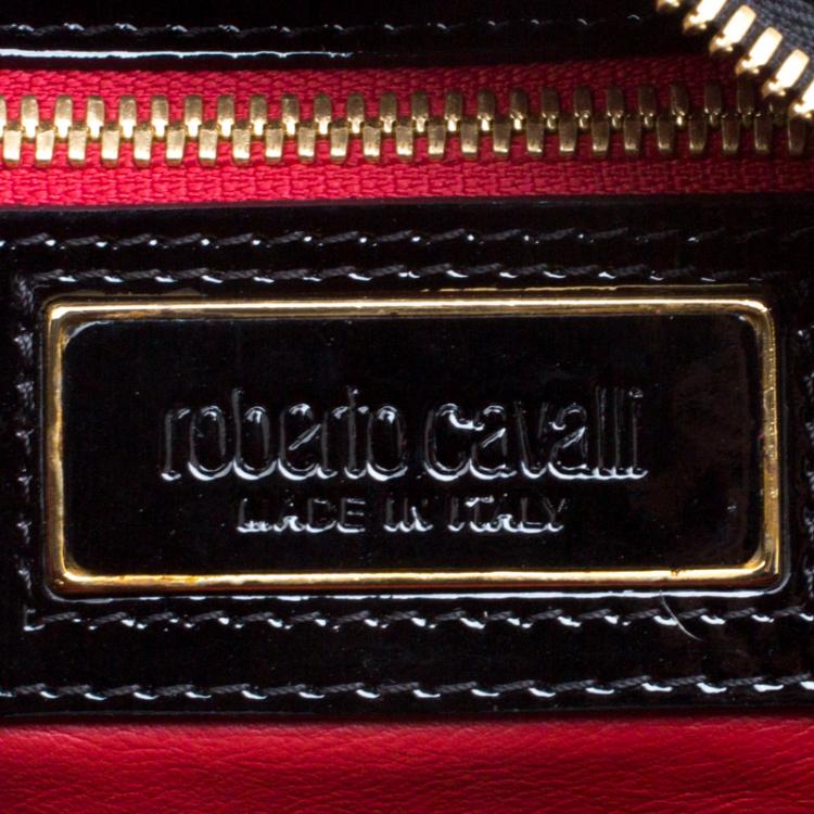 Pre Owned Roberto Cavalli Black Laser Cut Patent Leather Boston Bag