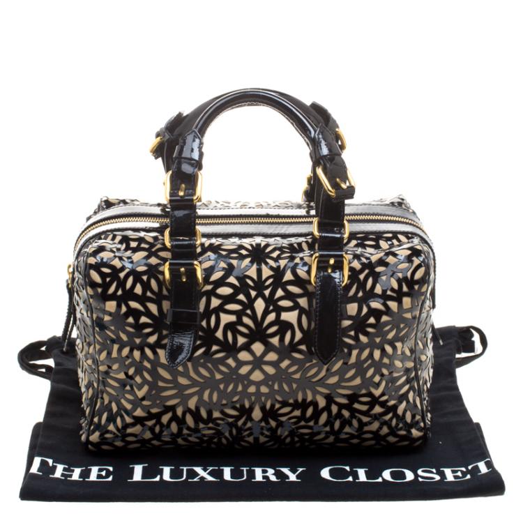 Pre Owned Roberto Cavalli Black Laser Cut Patent Leather Boston Bag