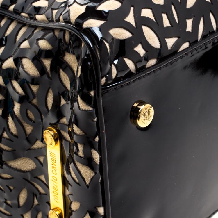 Pre Owned Roberto Cavalli Black Laser Cut Patent Leather Boston Bag