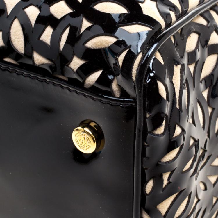 Pre Owned Roberto Cavalli Black Laser Cut Patent Leather Boston Bag