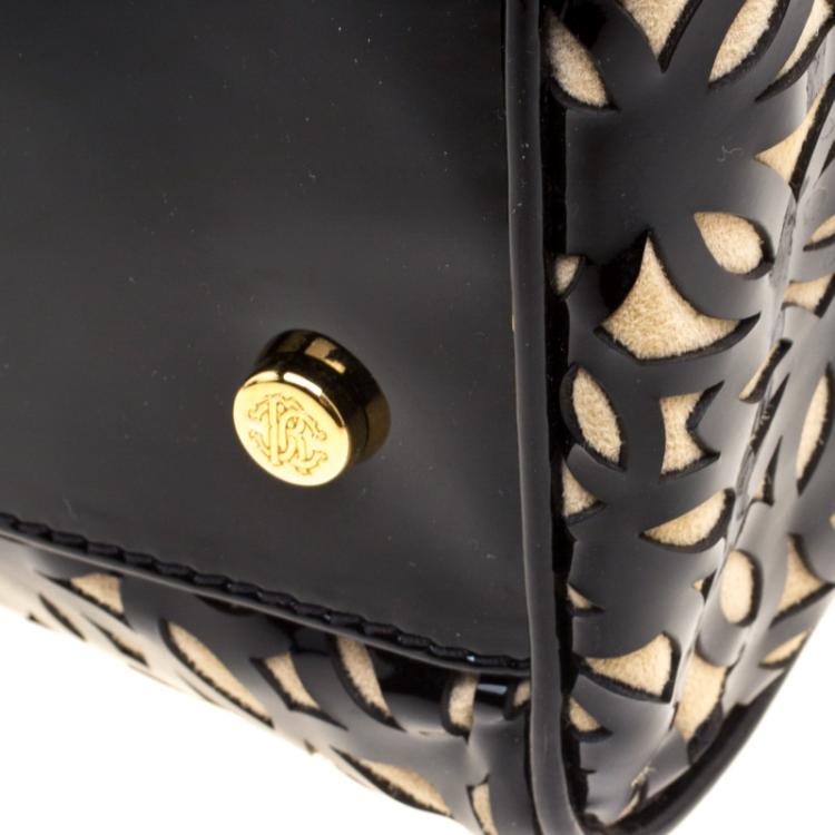 Pre Owned Roberto Cavalli Black Laser Cut Patent Leather Boston Bag