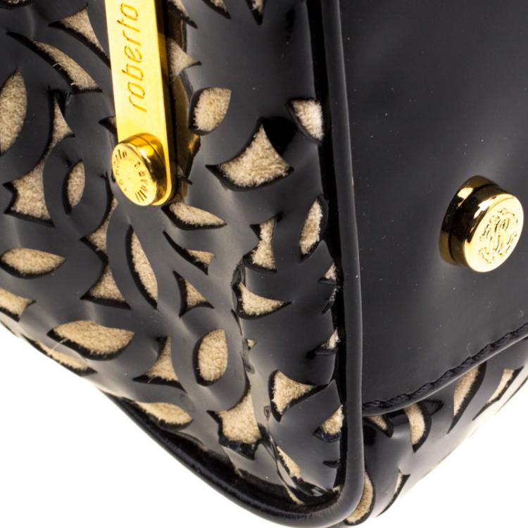 Pre Owned Roberto Cavalli Black Laser Cut Patent Leather Boston Bag