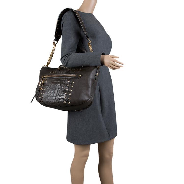 Pre Owned Roberto Cavalli Dark Brown Croc Embossed Leather Tote