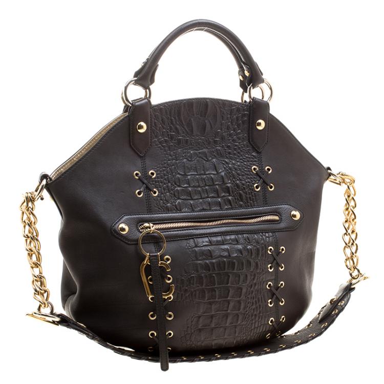 Pre Owned Roberto Cavalli Dark Brown Croc Embossed Leather Tote