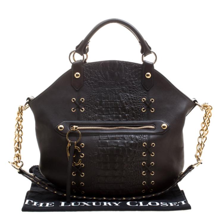 Pre Owned Roberto Cavalli Dark Brown Croc Embossed Leather Tote