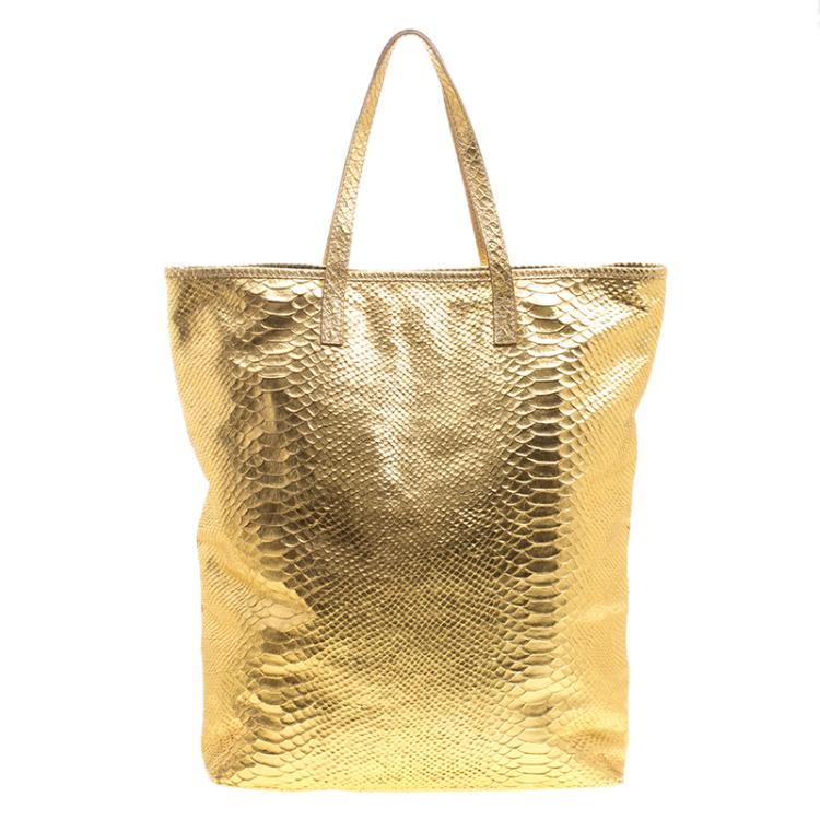 Pre Owned Roberto Cavalli Gold Python Embossed Leather Tote