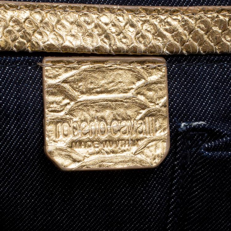 Pre Owned Roberto Cavalli Gold Python Embossed Leather Tote