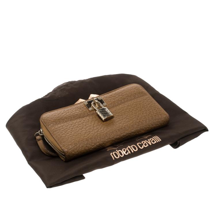 Pre Owned Roberto Cavalli Brown Leather Padlock Zip Around Wallet