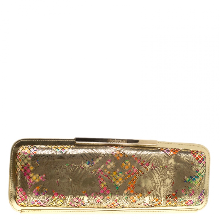 Pre Owned Roberto Cavalli Gold/Multicolor Laser Cut Long Clutch