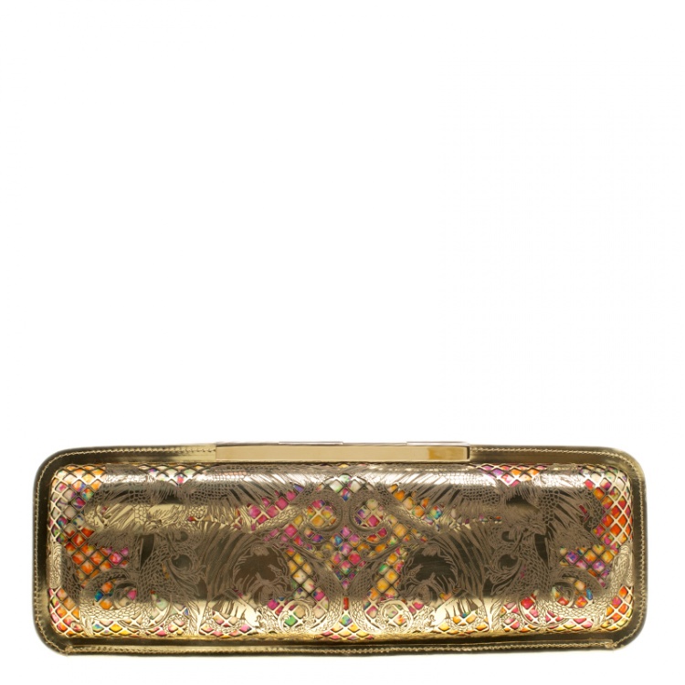 Pre Owned Roberto Cavalli Gold/Multicolor Laser Cut Long Clutch