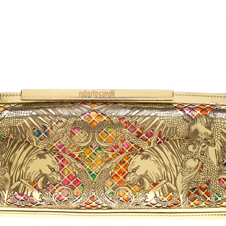 Pre Owned Roberto Cavalli Gold/Multicolor Laser Cut Long Clutch