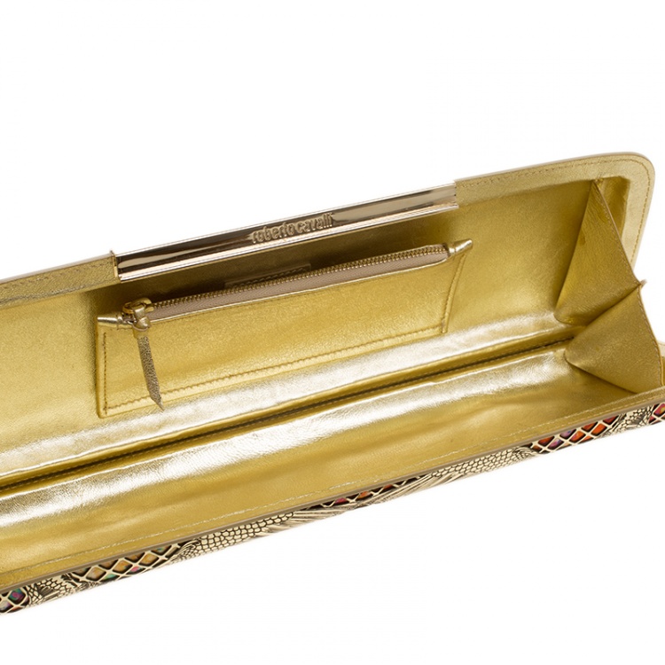 Pre Owned Roberto Cavalli Gold/Multicolor Laser Cut Long Clutch