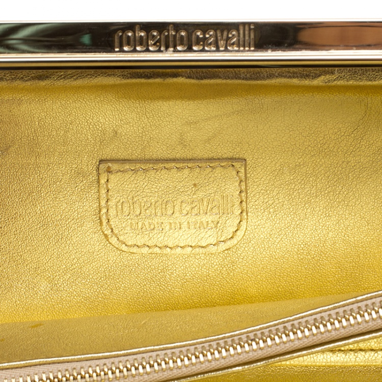 Pre Owned Roberto Cavalli Gold/Multicolor Laser Cut Long Clutch
