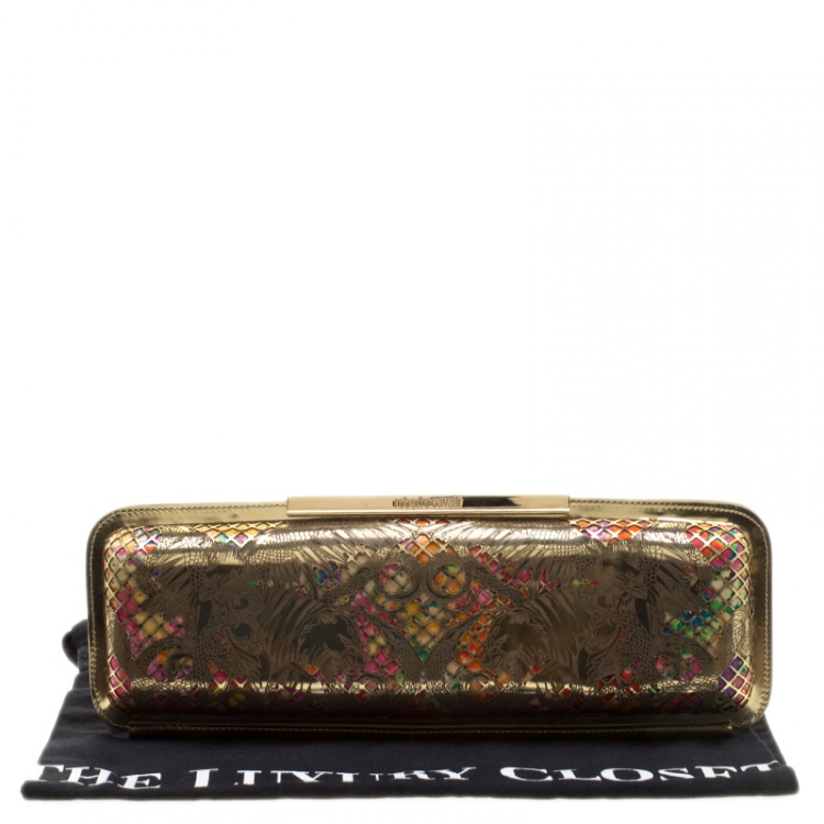 Pre Owned Roberto Cavalli Gold/Multicolor Laser Cut Long Clutch
