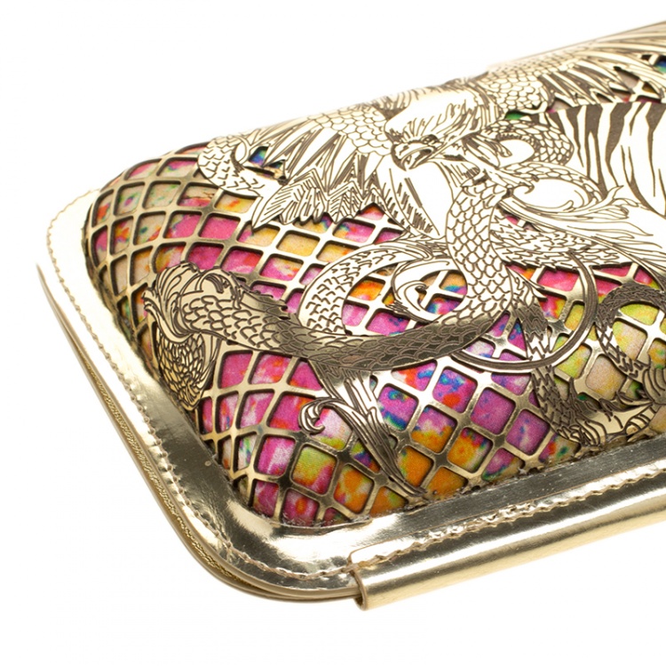 Pre Owned Roberto Cavalli Gold/Multicolor Laser Cut Long Clutch