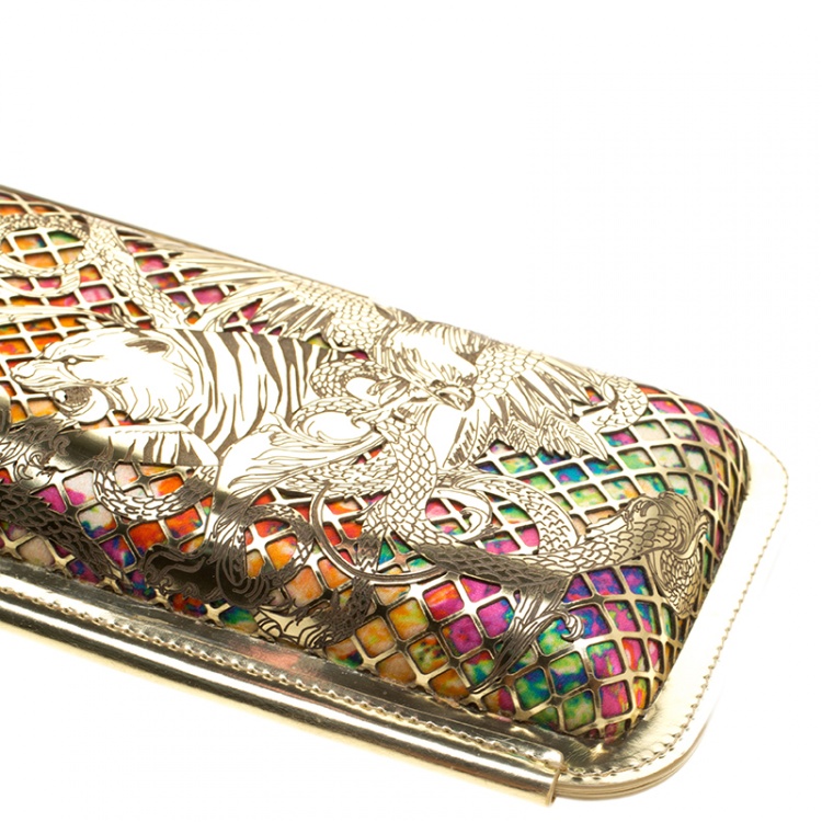 Pre Owned Roberto Cavalli Gold/Multicolor Laser Cut Long Clutch