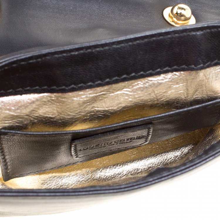 Pre Owned Roberto Cavalli Black Leather Gold Hardware Embellished Chain Clutch
