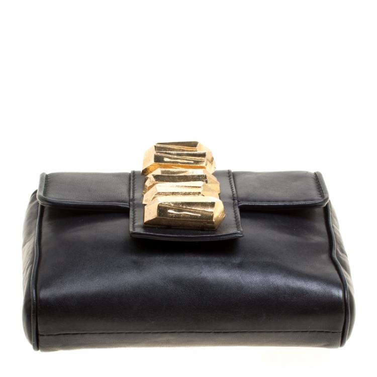 Pre Owned Roberto Cavalli Black Leather Gold Hardware Embellished Chain Clutch