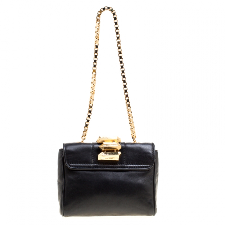 Pre Owned Roberto Cavalli Black Leather Gold Hardware Embellished Chain Clutch